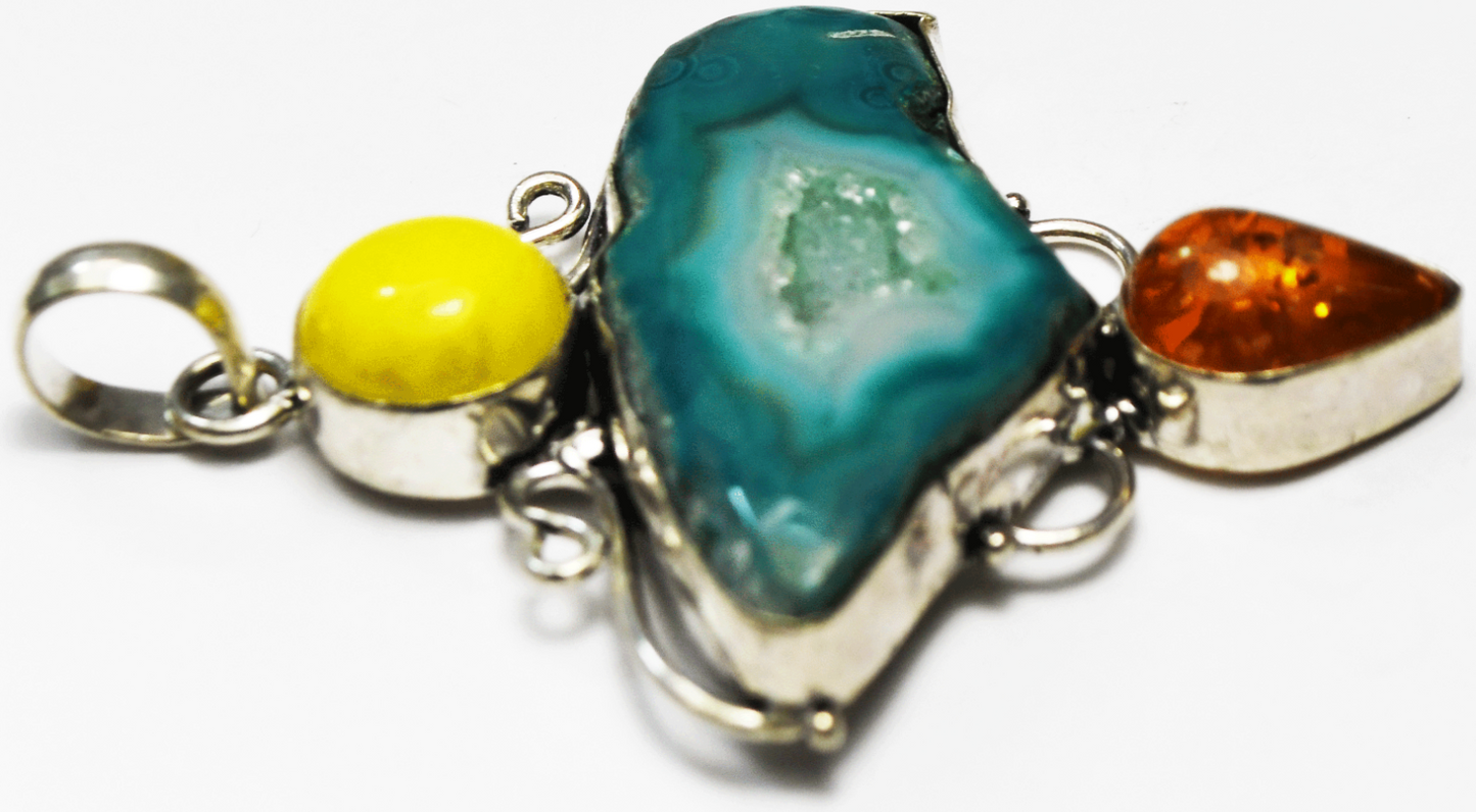 Sterling Silver Druzy Amber Large Pendant 66mm x 46mm