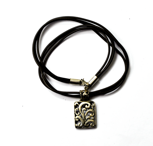 Sterling 17" Brown Leather Cord Necklace 1-3/8" Pendant Rectangle Filigree