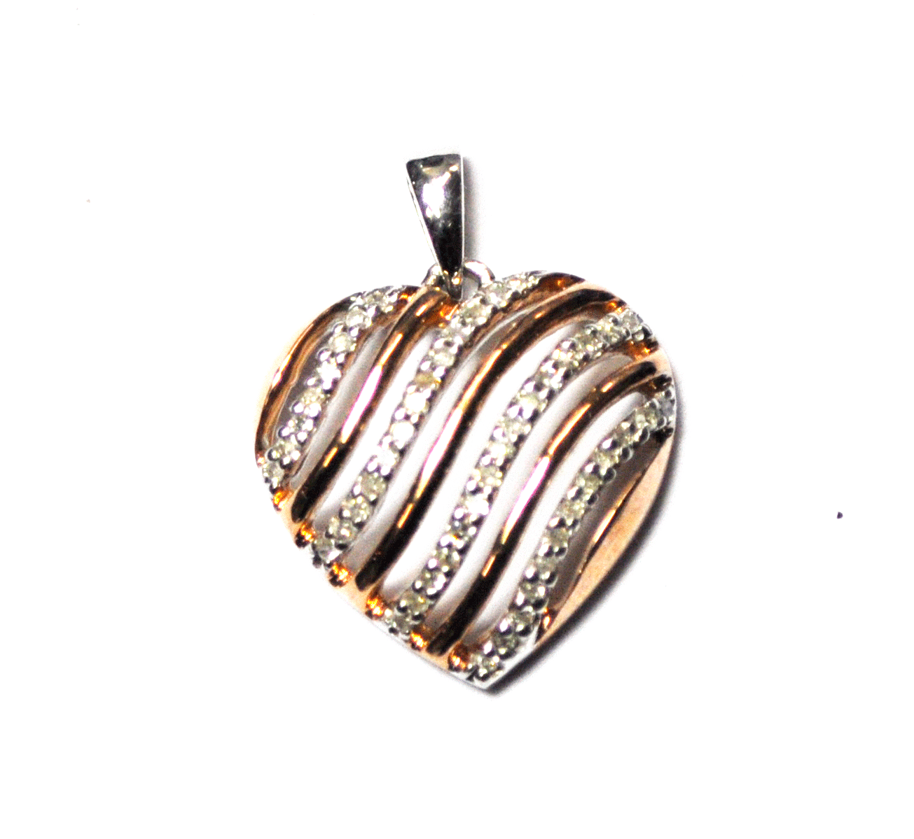 10k Rose Gold & .25ct Diamond Stripe Heart Pendant 24mm Domed Filigree Wire