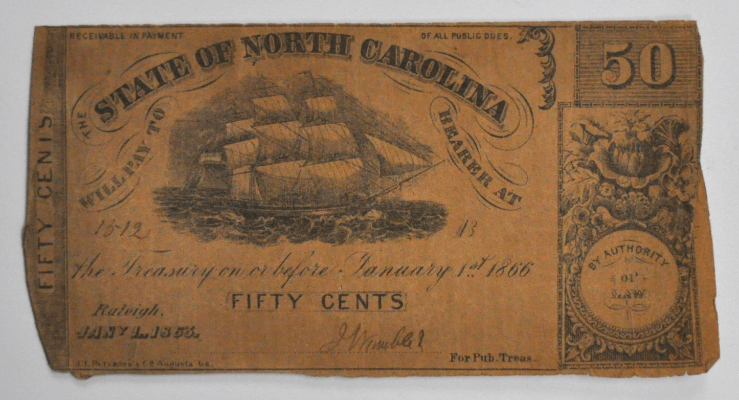 1863 50c State of North Carolina Obsolete Note Fifty Cents Raleigh