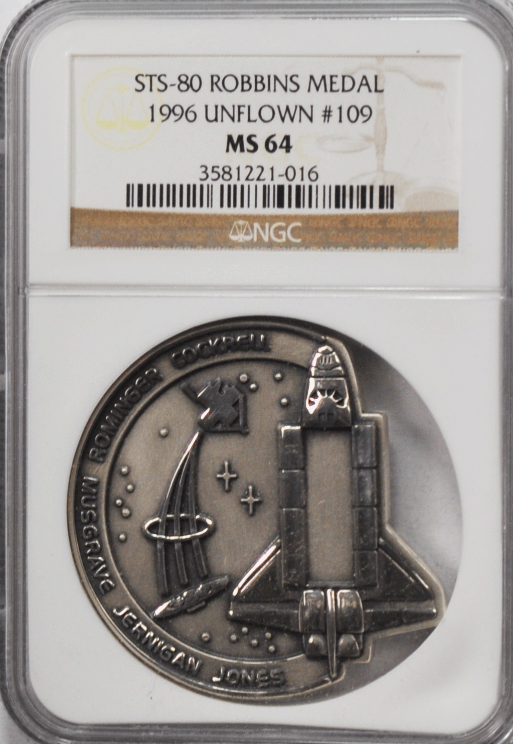 1996 STS-80 Robbins Space Silver Medal Unflown #109 NGC MS64 Columbia