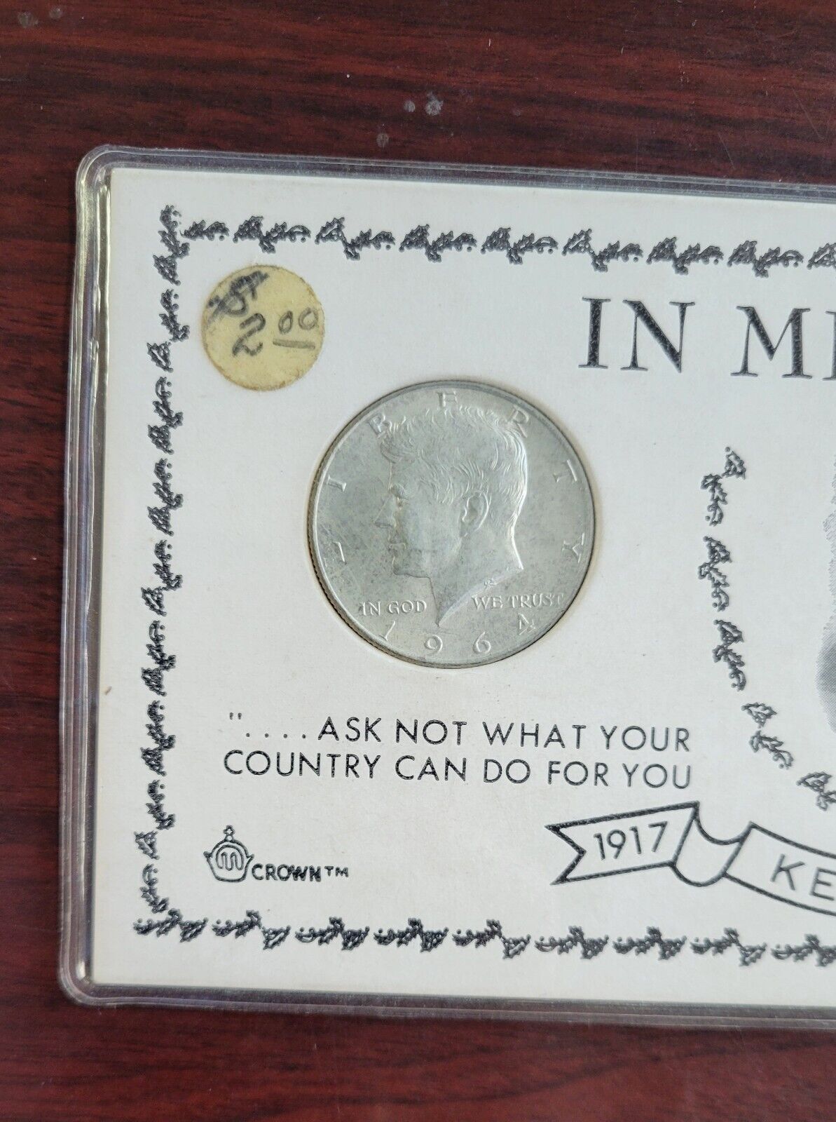 1964 JOHN F. KENNEDY In Memoriam Silver Half Dollar w/Original Holder From Crown