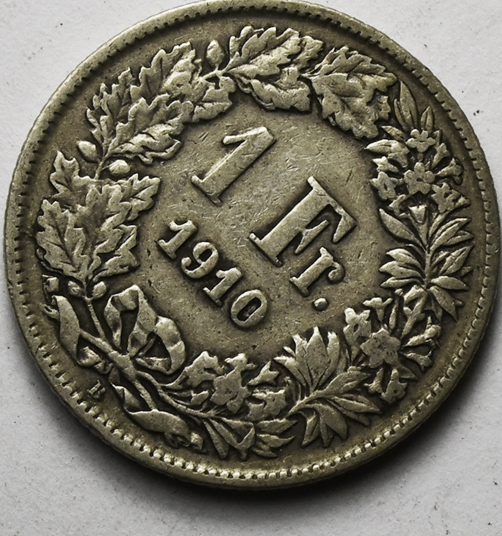 1910 B Switzerland One Franc Silver Coin KM# 24
