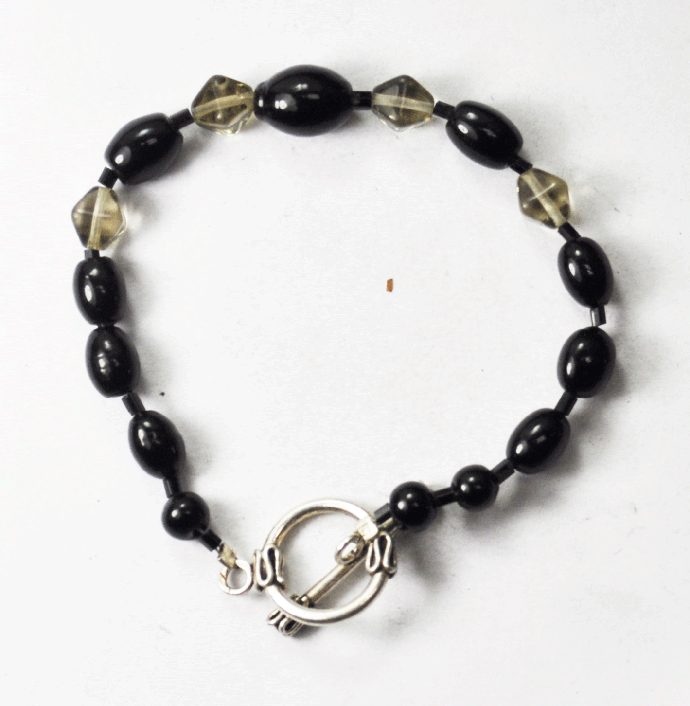 Silver Plate Black & Clear Bead Toggle Bracelet 8mm 7.25" Squiggle Clasp