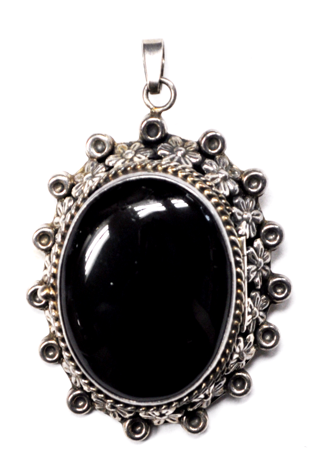 Sterling Silver Mexico Black Onyx Oval T5-79 Large Pendant Brooch 2-7/8" x 1-7/8