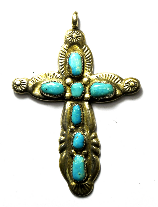 Sterling Horace Iule Turquoise Rays Cross Pendant 78mm x 55mm 27g