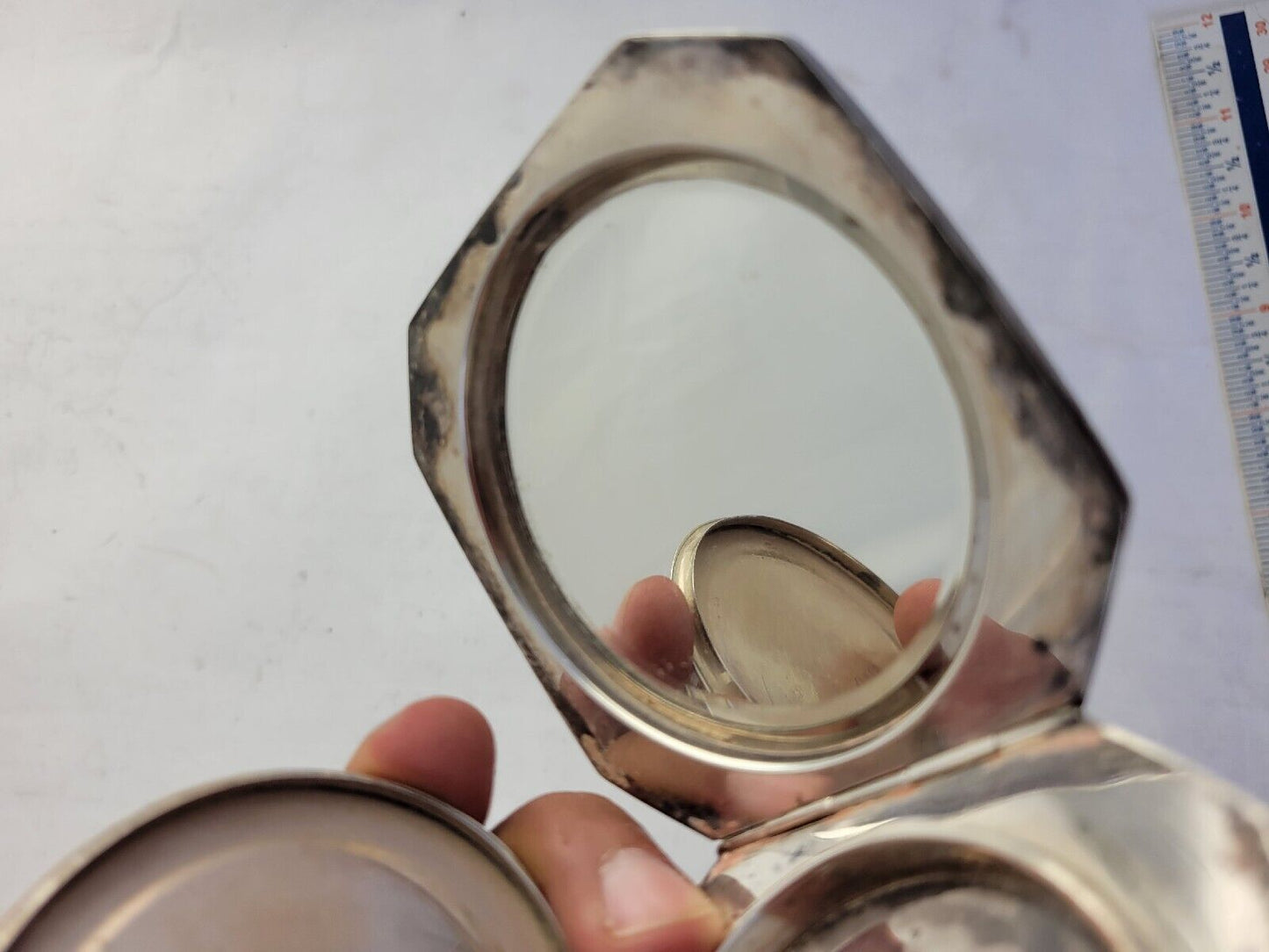 950 Sterling Silver 2 7/8" Octagon Mirror Make-Up Compact Hand Chased