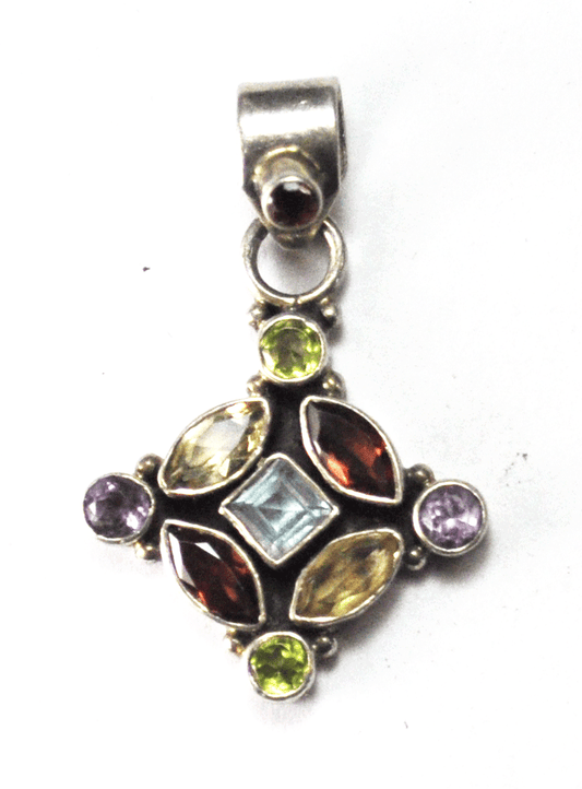 Sterling Silver Multi Color Gemstone Cluster Pendant 37mm x 25mm Pendant