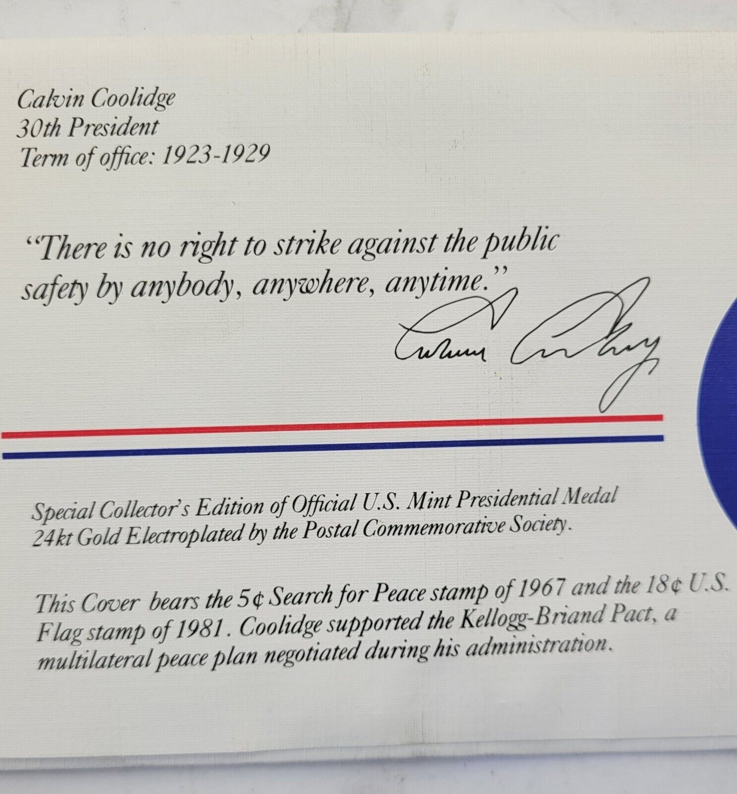 C Coolidge Presidential Covers Medal Postal Commemorative Society Gold Plated