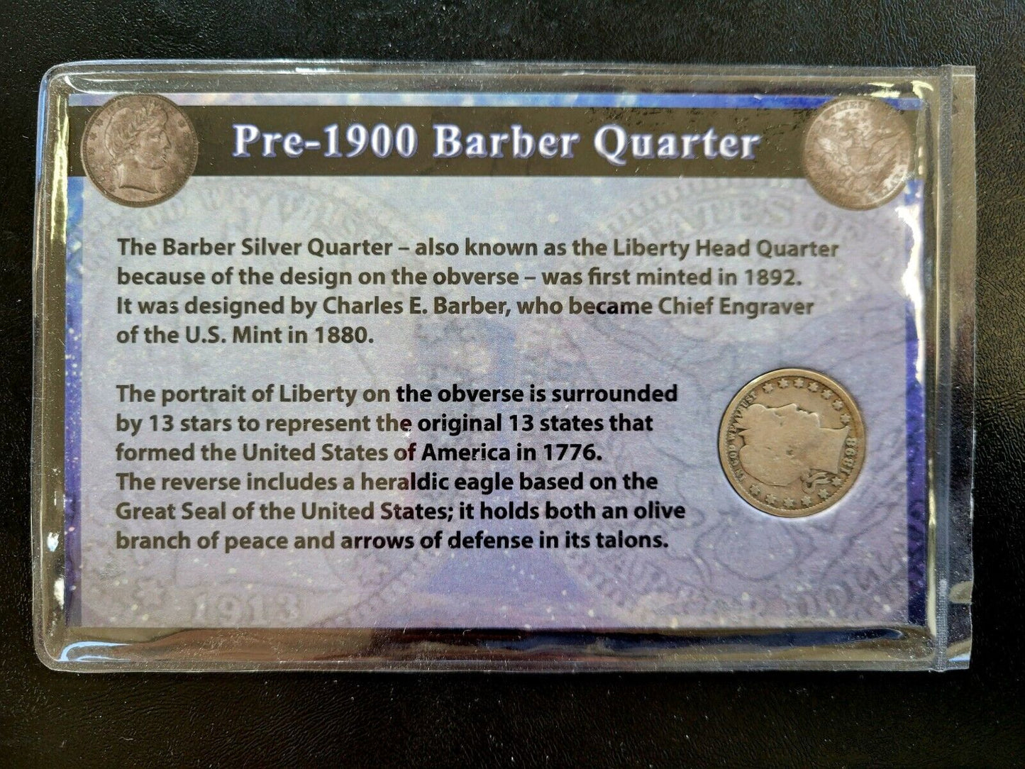1898 Sealed Pre-1900 Barber Quarter from the First Commemorative Mint Inc.