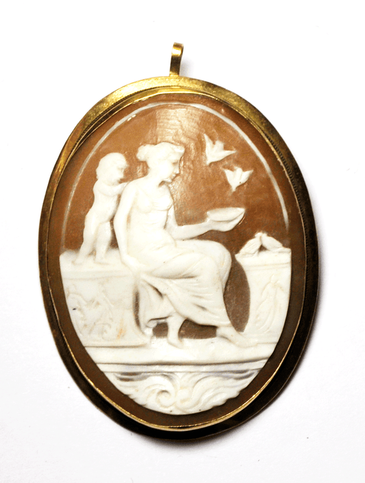 Antique 14k Shell Cameo Seated Mother Daughter Doves Brooch Pendant 1.5" by 2"