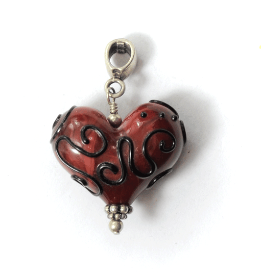 Sterling Silver SK Red Murano Glass Heart Black Swirl SK925 28mm x 42mm
