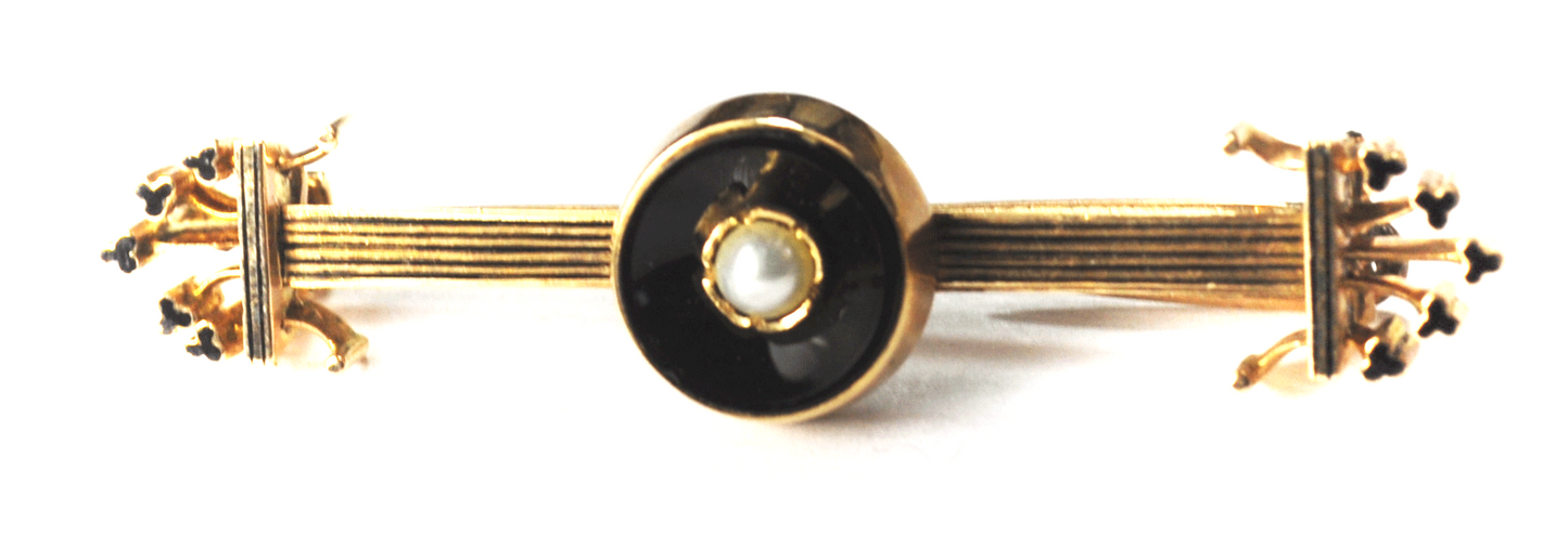 Antique 14k Gold Black Onyx Halo Pearl Brooch Double Pin 53mm x12mm 8.8g