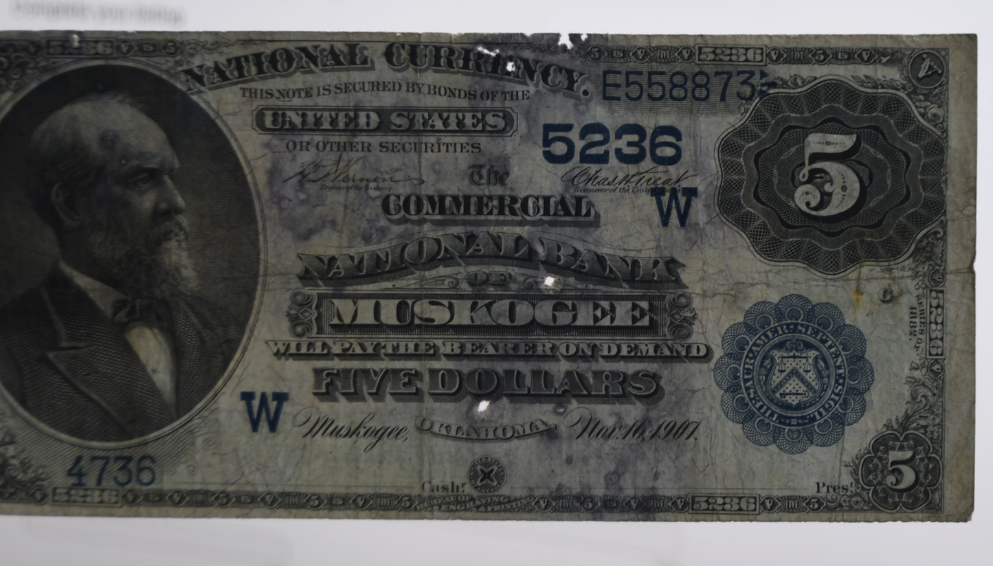 1882 $5 Five Dollars National Currency Note 5236 Date Back Muskogee OK E558873