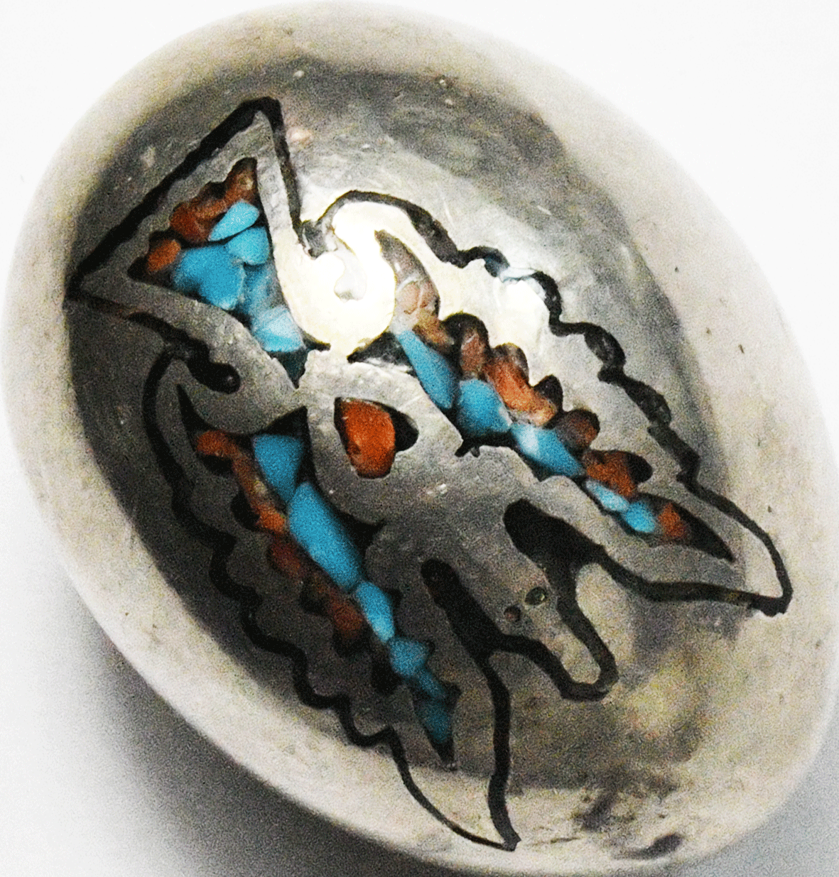 Sterling Turquoise Coral Chip Inlay Thunderbird Egg Slider Pendant 37x27mm