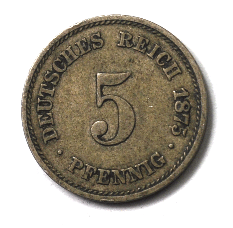 1875 A Germany Empire 5 Five Pfennig Copper Nickel Coin KM# 3