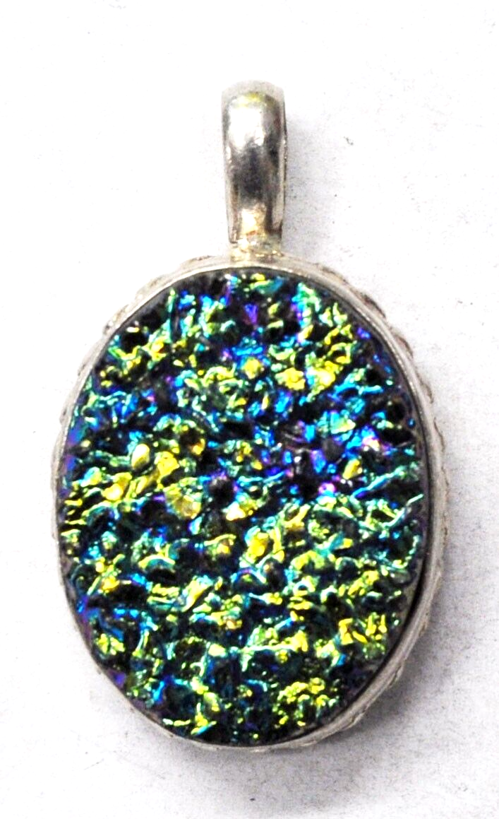 Sterling Silver Oval Green & Blue Drusy Quartz Pendant 43mm x 26mm
