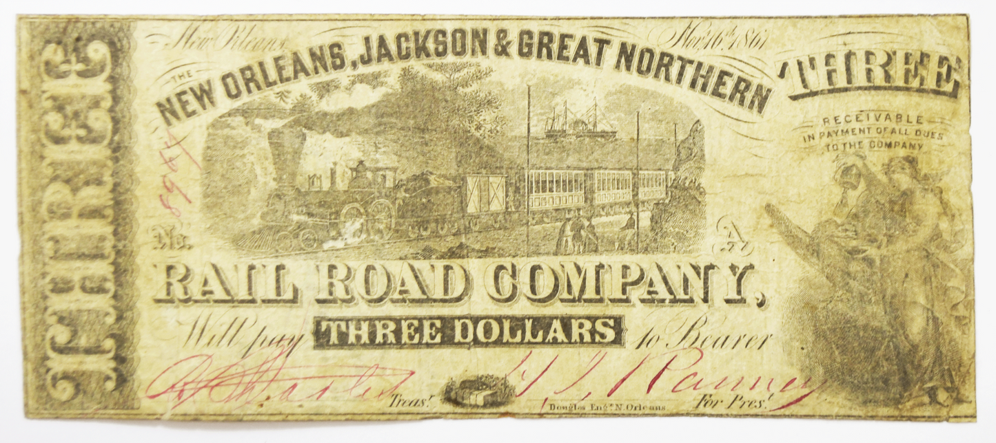 1861 $3 New Orleans Jackson Great Northern Rail Road Co On Letter Of Exchange