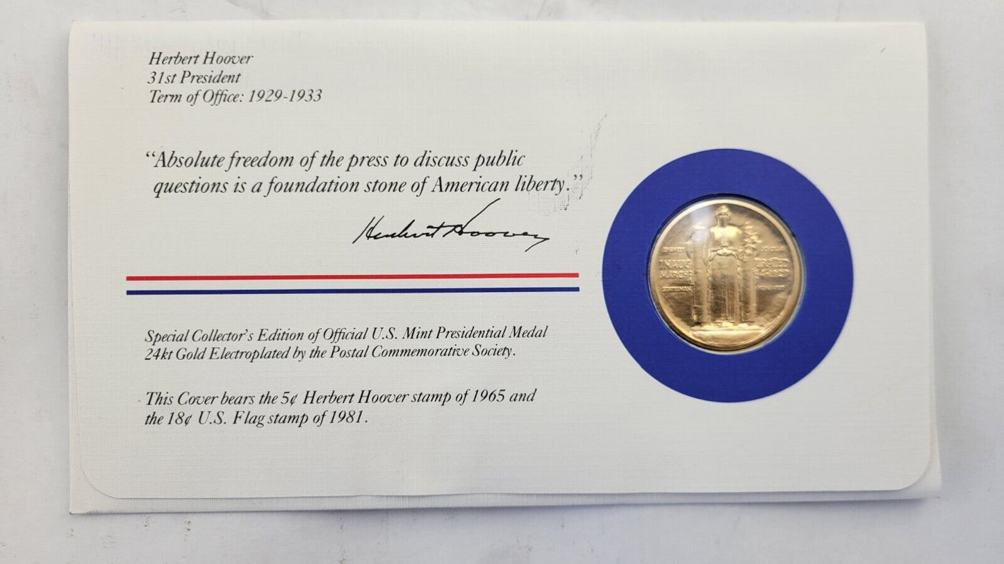 Herbert Hoover Presidential Covers Medal Postal Commemorative Society Gold Plate