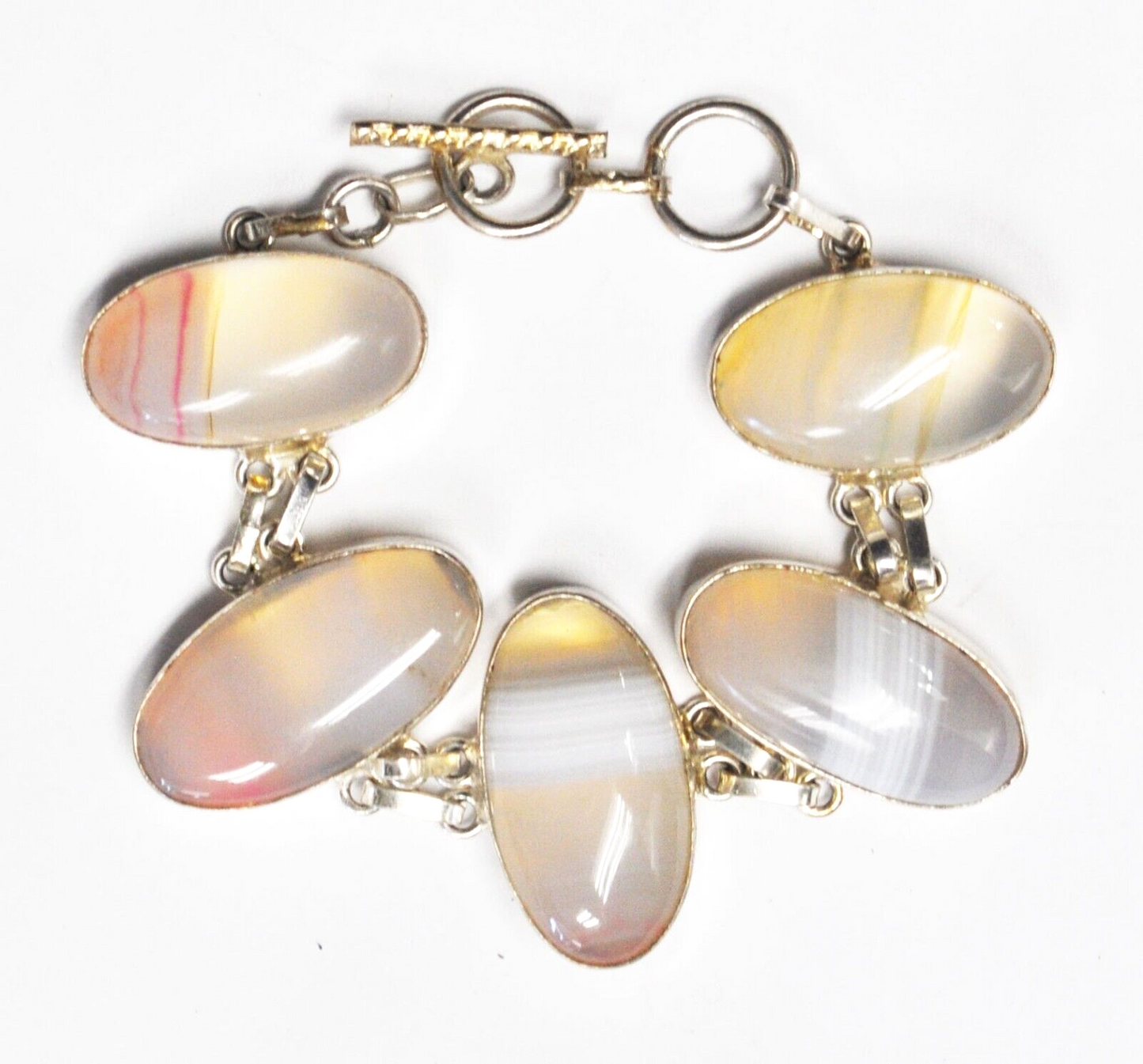 Sterling Silver Botswana Agate Oval Double Chain Toggle Bracelet 31mm 7-1/2"