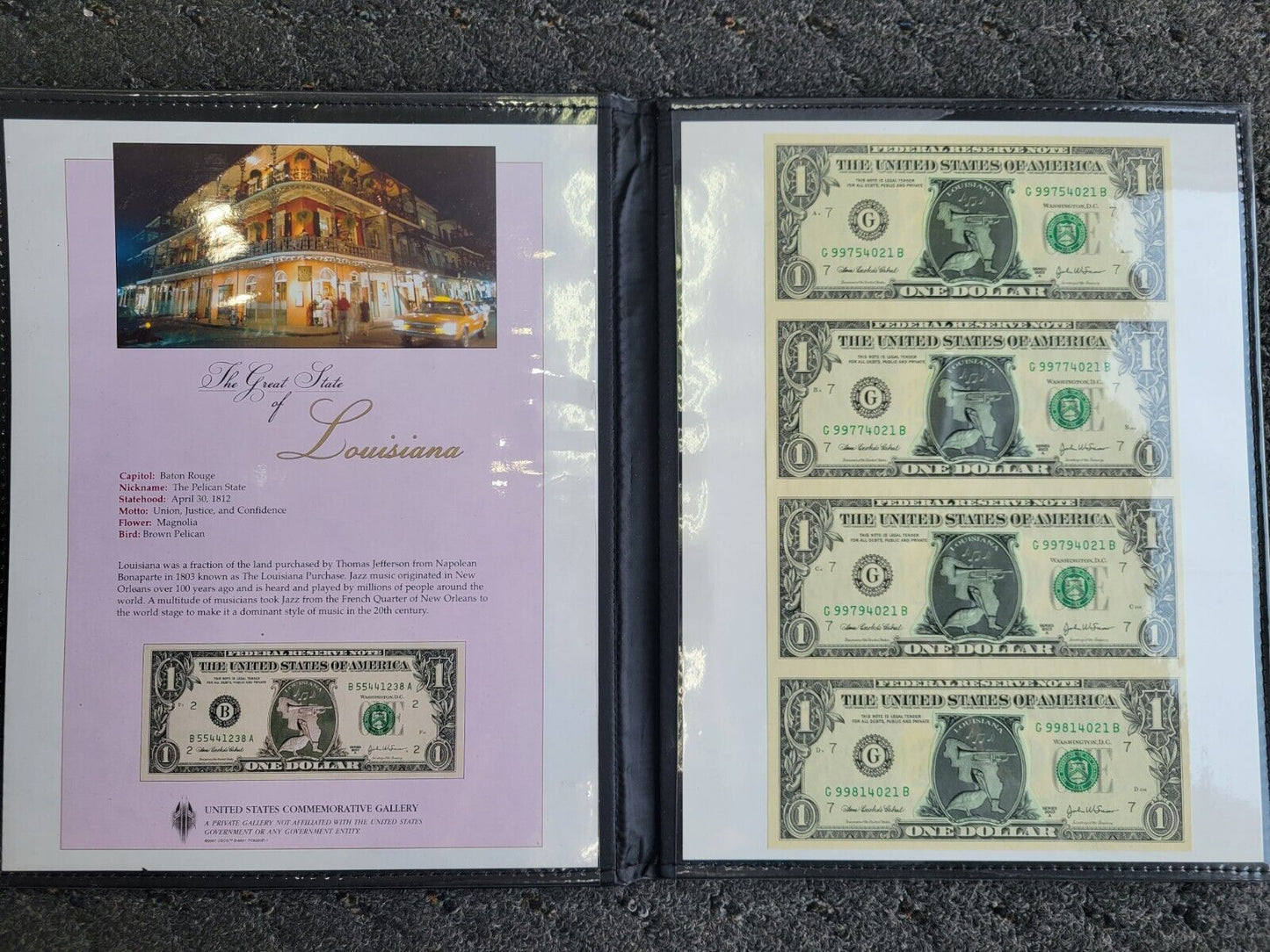 2003 United States Commemorative Gallery Uncut, Uncirculated $1 Bills Louisiana