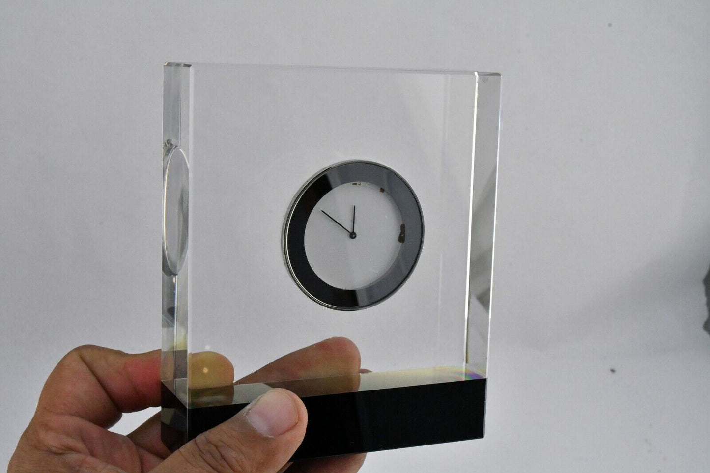 Vintage Seiko Precision Clear Black Glass Paperweight Clock 4 1/4" x 4"