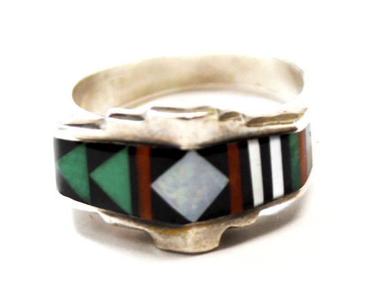Sterling Opal Turquoise Onyx Coral Inlay Ring 12mm Size 10-1/2