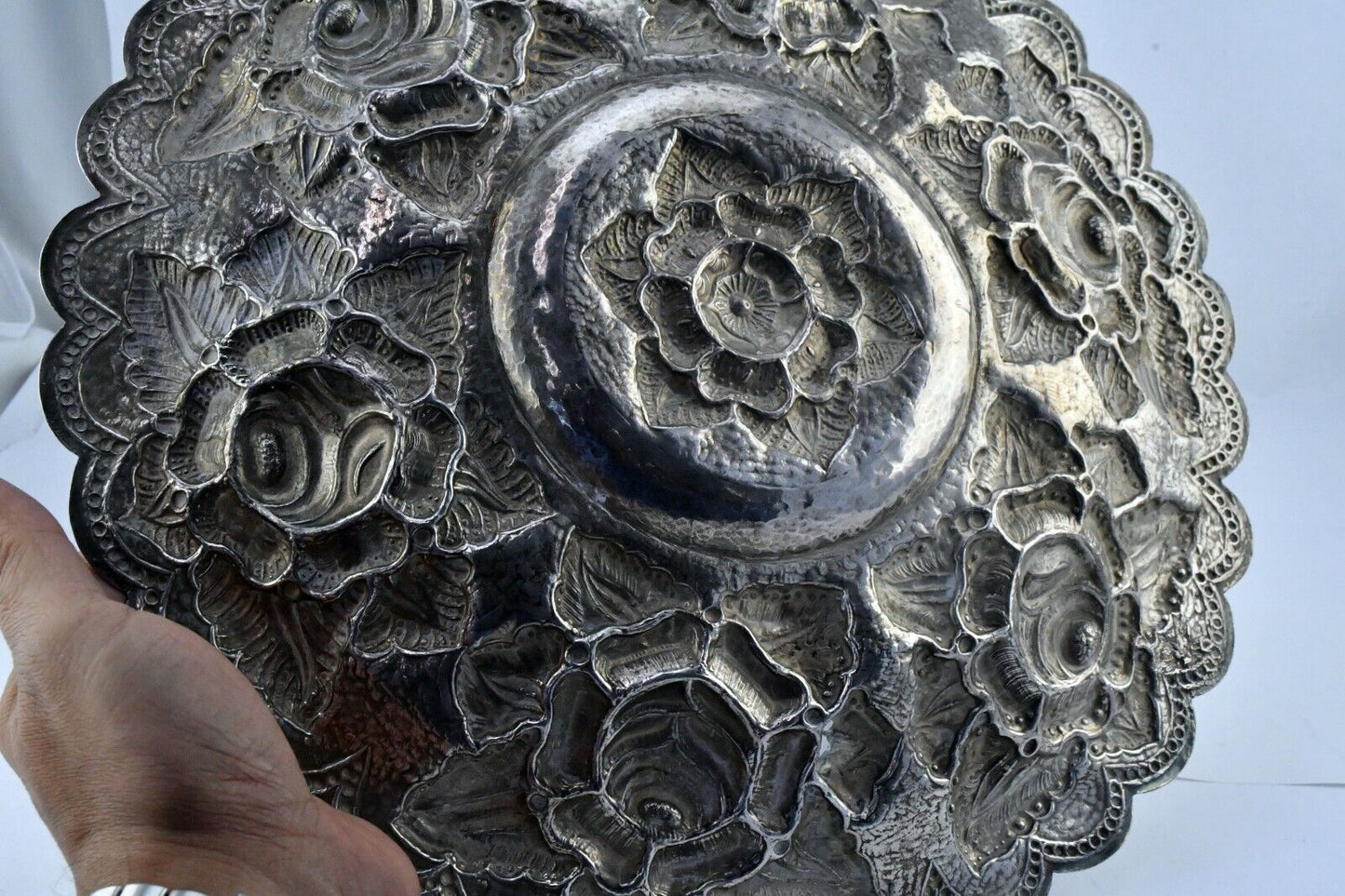 Vintage V. Acosta Signed .900 Fine Silver Mexico Tray 12" Rose Pattern 13.2oz.