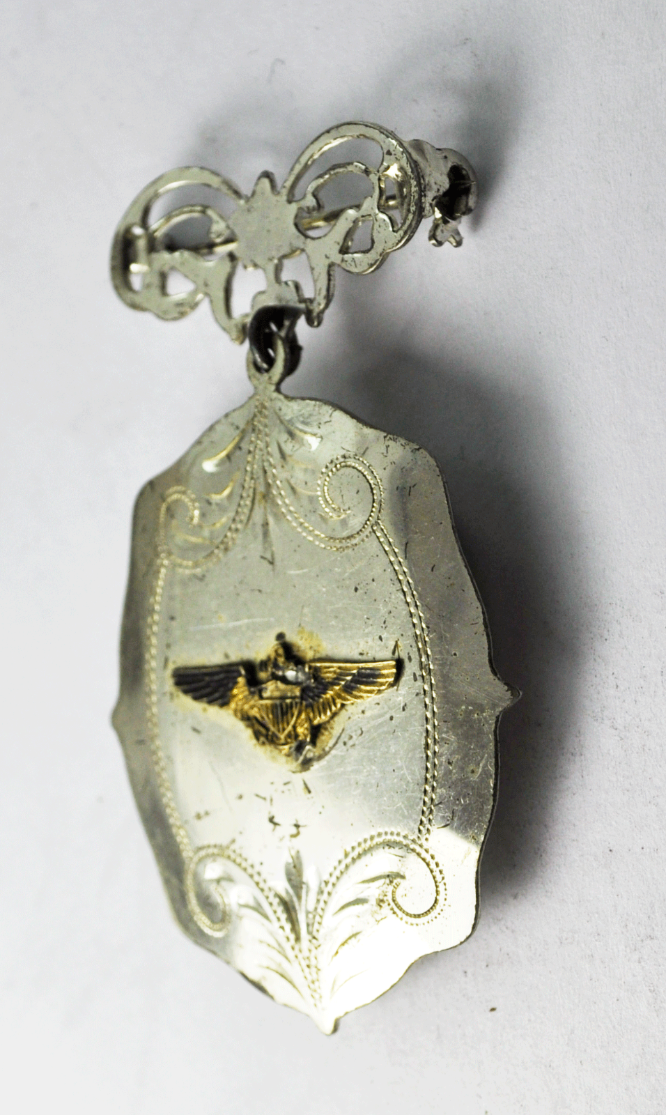 Vintage Sterling Silver Locket Brooch Pin Two Tone Eagle Air Force Dangle 2"