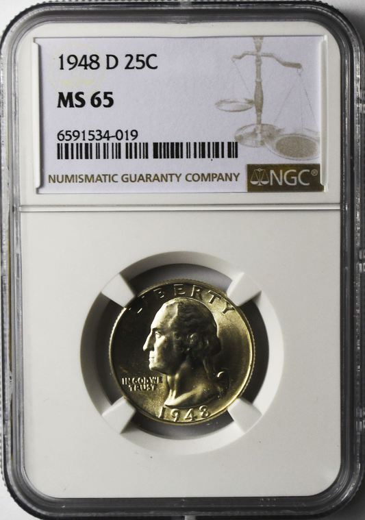 1948 D 25c Washington Silver Quarter Dollar NGC MS65 Brilliant Uncirculated
