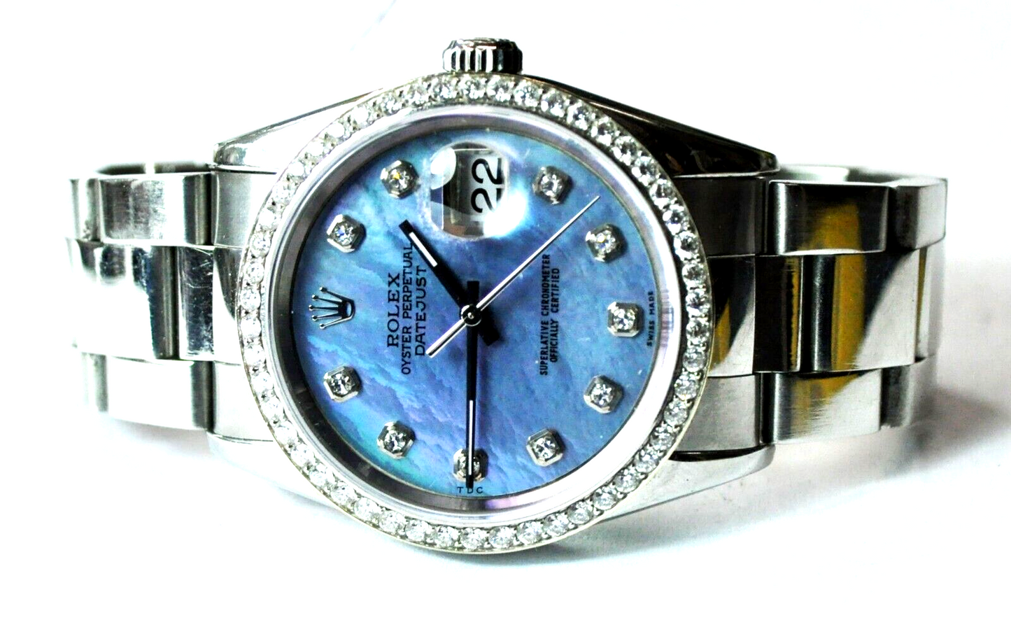 Rolex Datejust 16200 Diamond Blue MOP Dial Bezel 36mm S/S Sticker Back