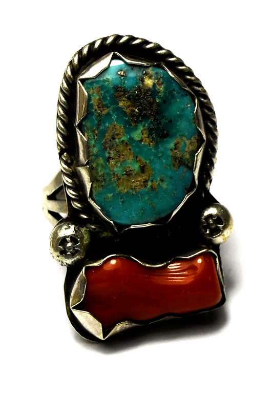 Sterling Turquoise Chunk Coral Ring 32mm Size 6-1/2