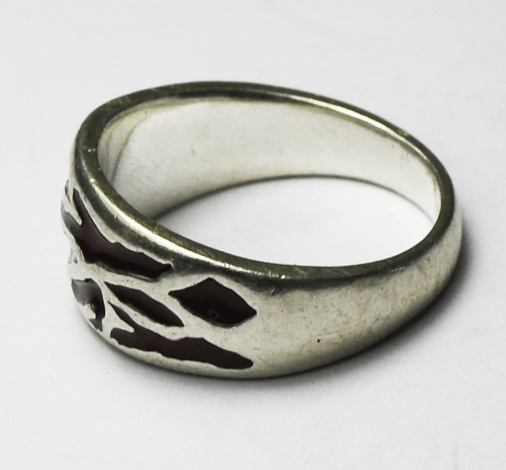 Sterling Silver BJS Red Enamel Tiger Stripe Ring 9mm Size 7