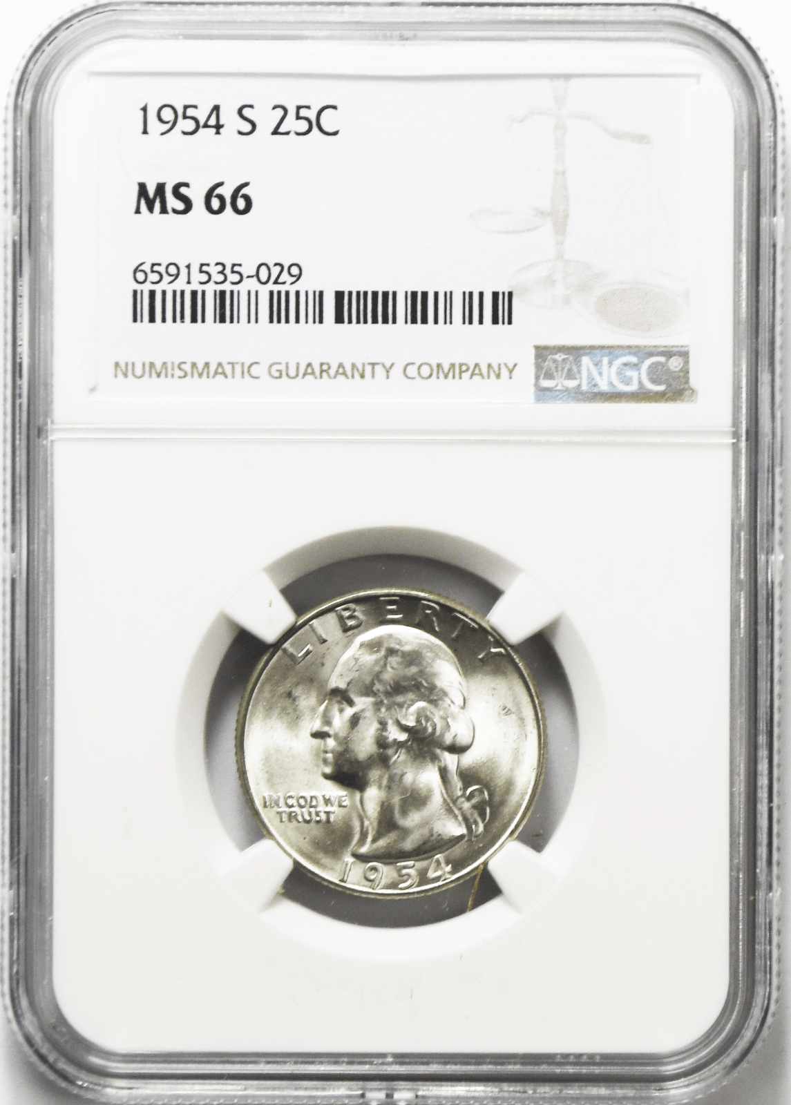 1954 S 25c Washington Silver Quarter Dollar NGC MS66 Gem Uncirculated