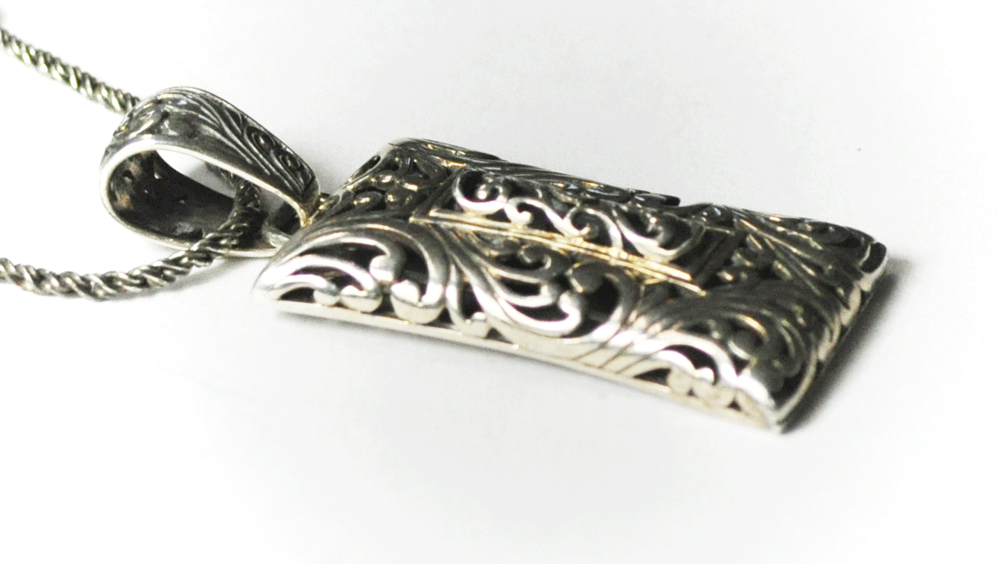 Sterling TH Filigree Scroll Pendant Rectangle 50mm x 21mm & 2mm 17.5" Necklace
