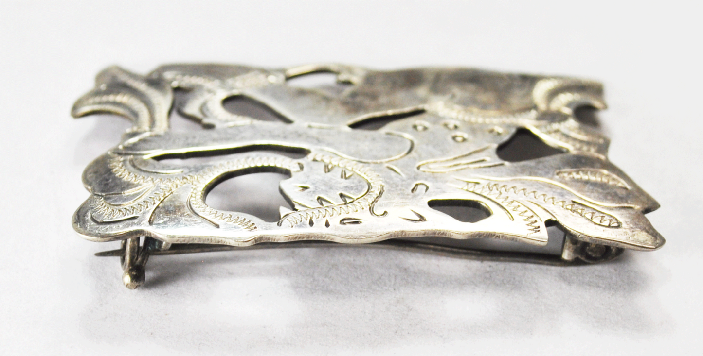 R&M. Guatemala Wolf Man Breathing Fire Brooch Pin 46mm x 29mm