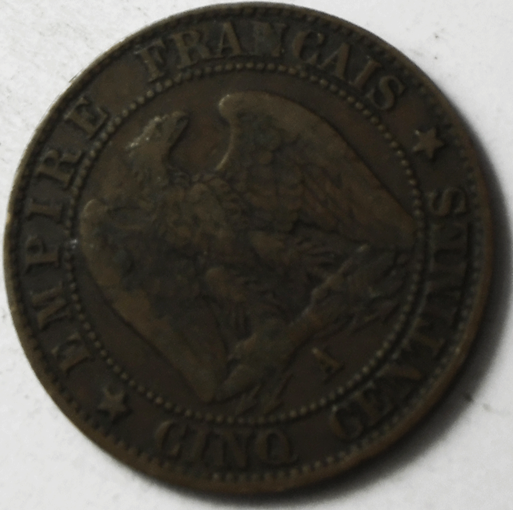 1865 A France 5 Five Centimes KM# 797.1