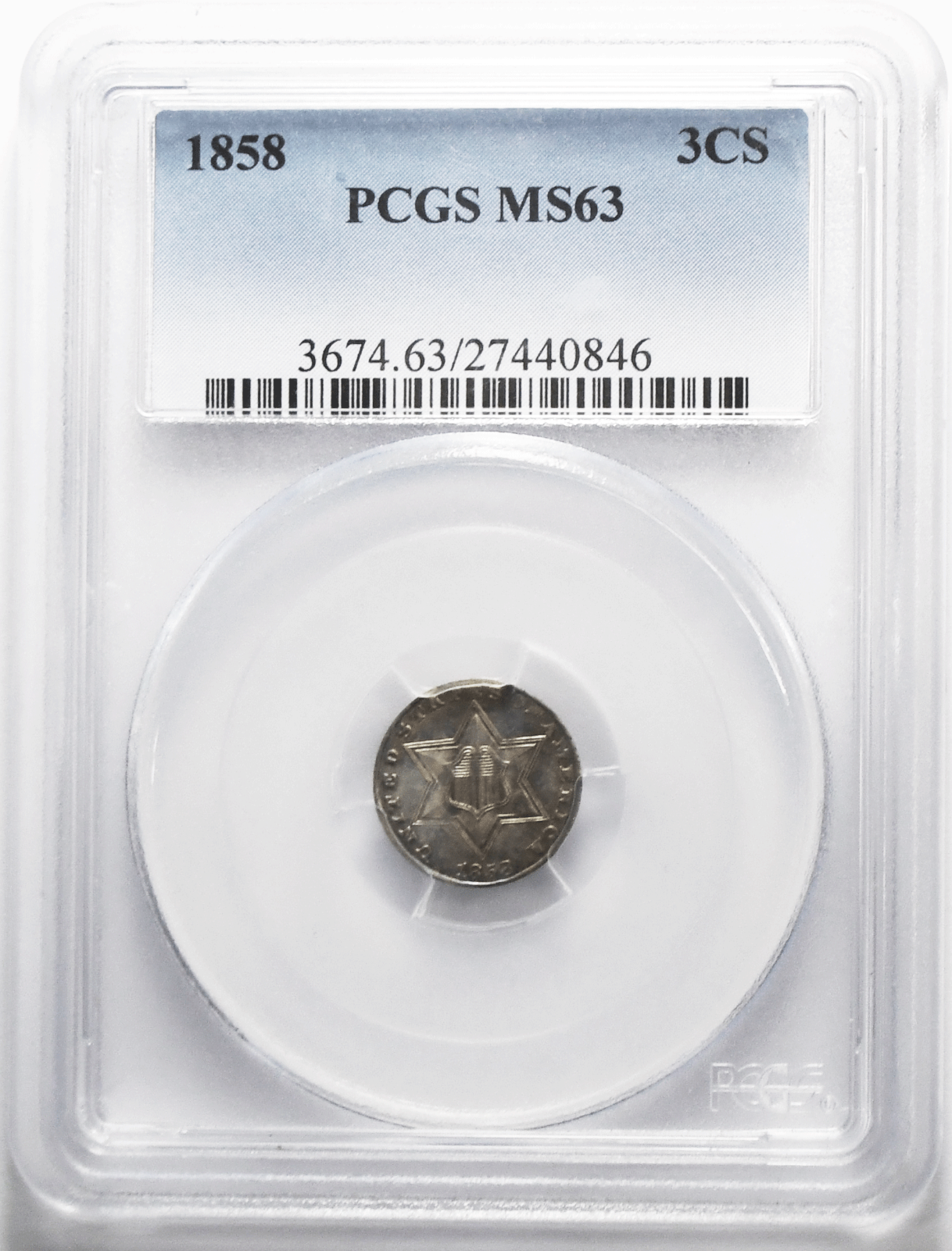 1858 3c Three Cent Silver Trime US Coin PCGS MS63 Uncirculated Philadelphia
