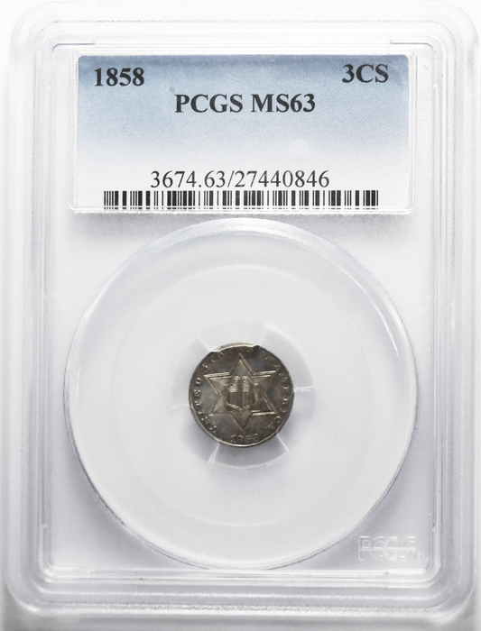 1858 3c Three Cent Silver Trime US Coin PCGS MS63 Uncirculated Philadelphia
