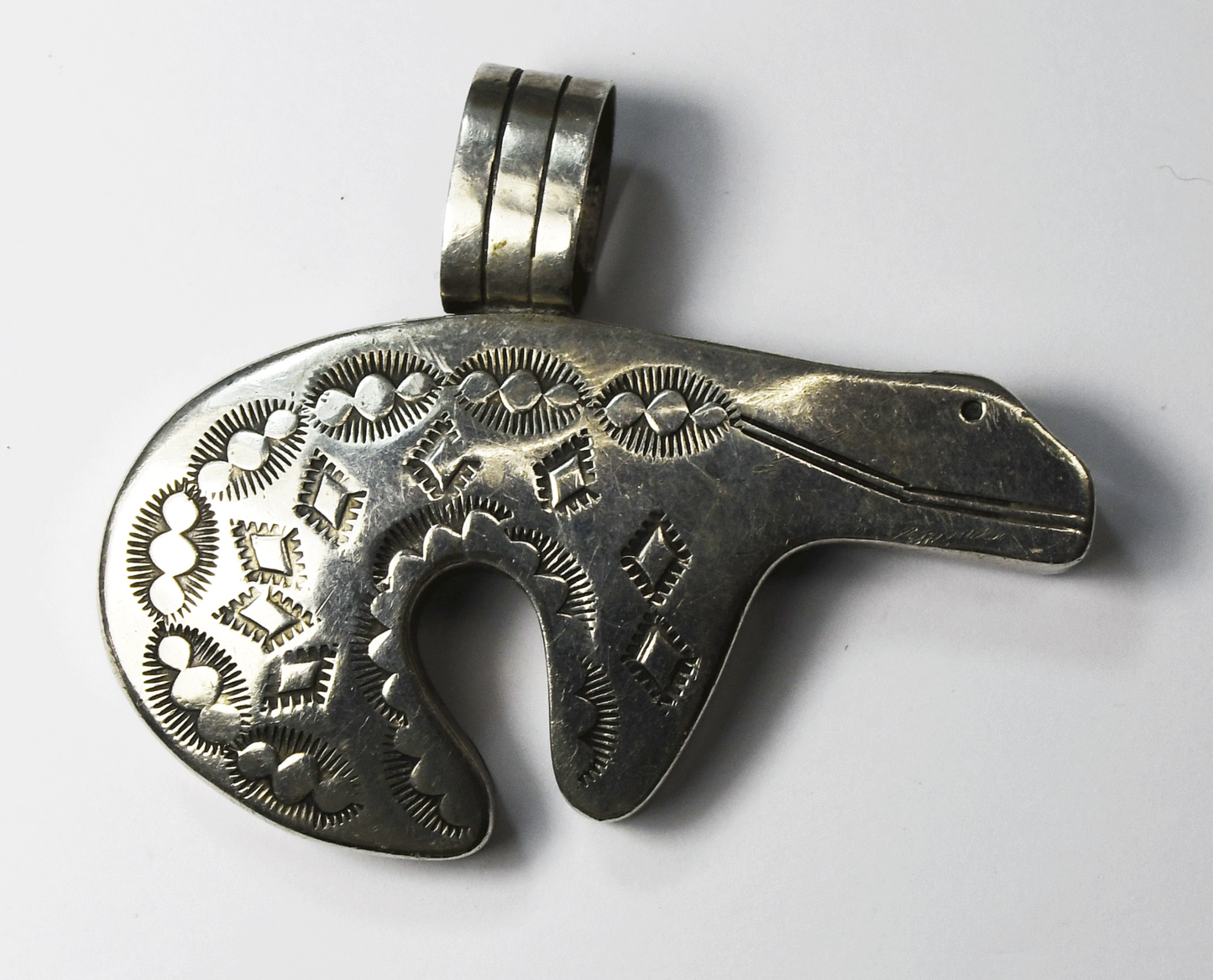Sterling T Morgan Etched Rays Bear Pendant 2-7/8" x 2-1/4" Oval Stripe Bale