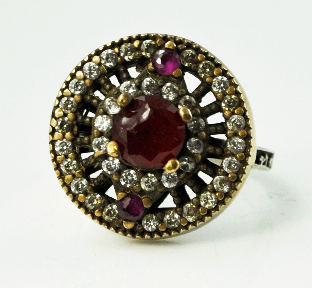 Vintage Sterling Silver Two Tone Halo Red & Pink CZ Ring 18mm Size 6-3/4 Deco