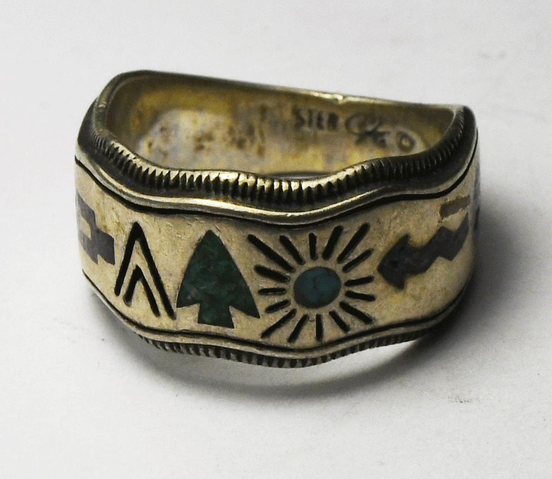 Sterling Silver Carolyn Pollack Chip Inlay Story Teller Ring 11mm Size 7-1/2