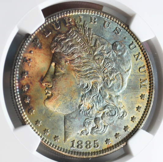 1885 $1 Morgan Silver Dollar MS64 NGC Uncirculated Philadelphia Rainbow Toned
