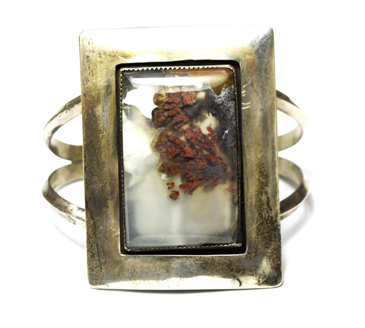 Vintage Sterling Petrified Wood Rectangle 2 Bar Cuff Bracelet 59mm 7" Wrist