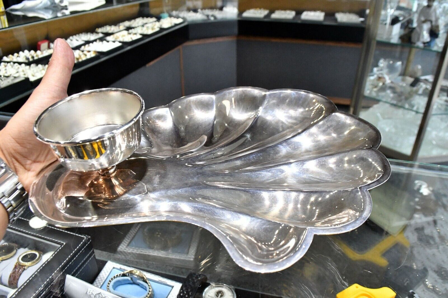 Silver Plated Appetizer Chips & Dip Cocktail Dish w/Glass Insert 11 1/4" Platter
