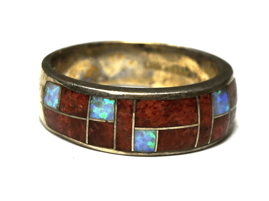 Sterling Silver Red Coral Opal Inlay Vintage Ring 6mm Band Size 7