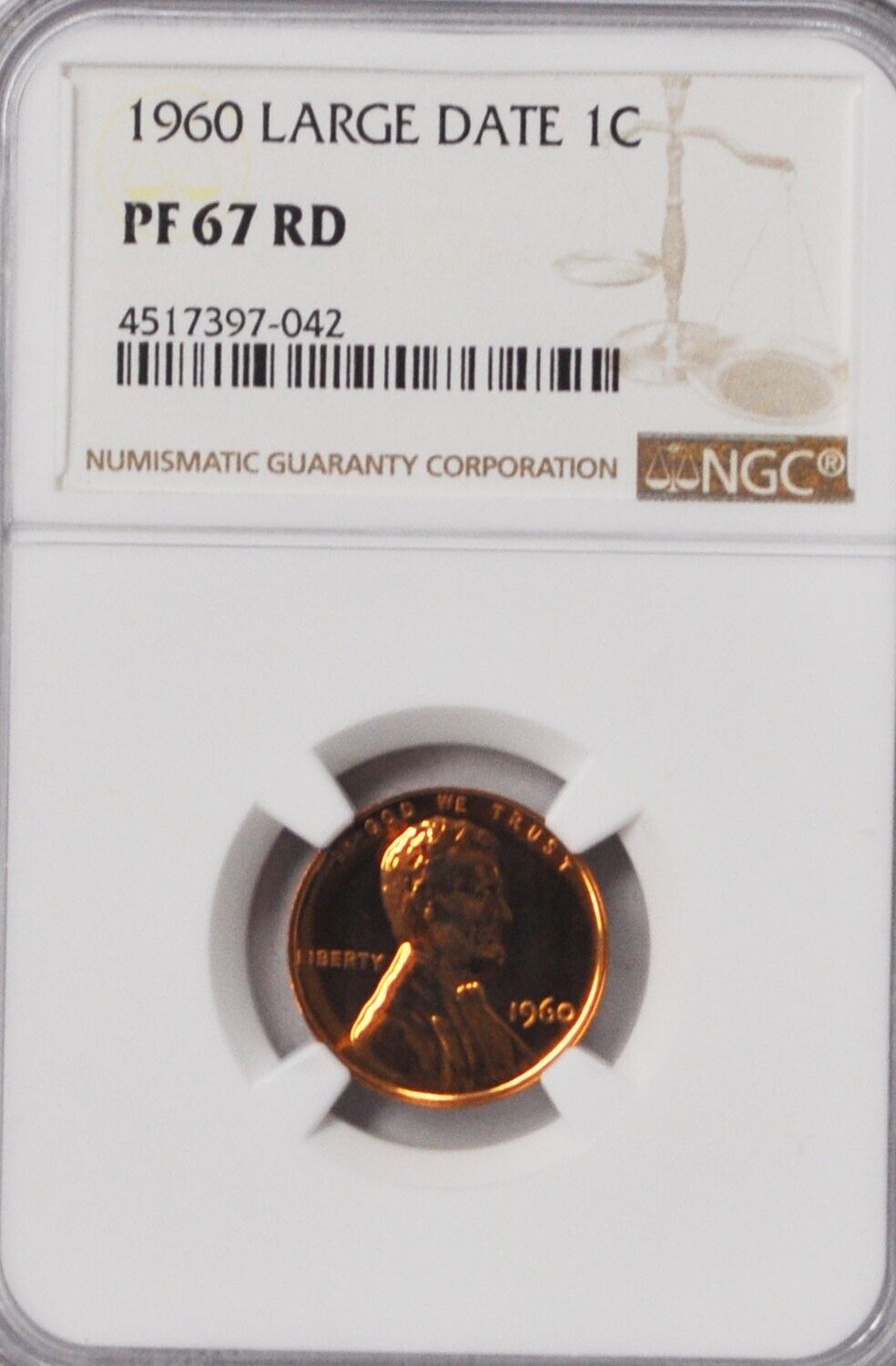 1960 1c Proof Lincoln Memorial Cent One Penny NGC PF67 RD Gem Large Date