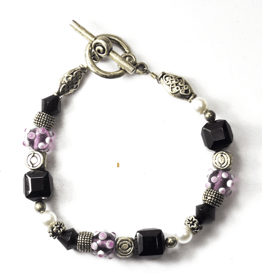 Silver Plate Purple Murano Black Pearl Bead Toggle Bracelet 10mm 8"
