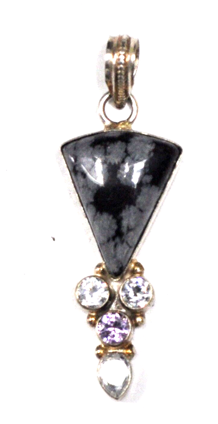 Sterling Silver Snowflake Obsidian Triangle Pendant 59mm x 19mm