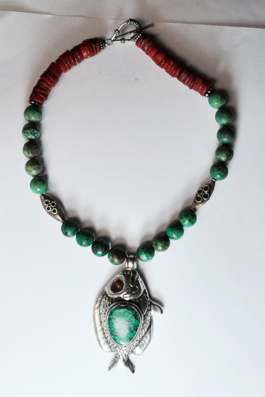 Green Spiderweb Turquoise Bead Coral Disc Deer Doe Large Fish Pendant Reversible